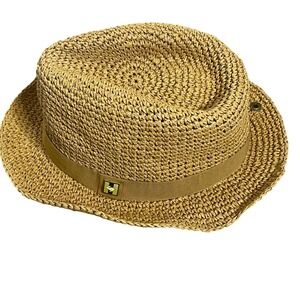 Peter Grimm Straw Fedora Hat Tan Ribbon Detail Rabbit Logo One Size